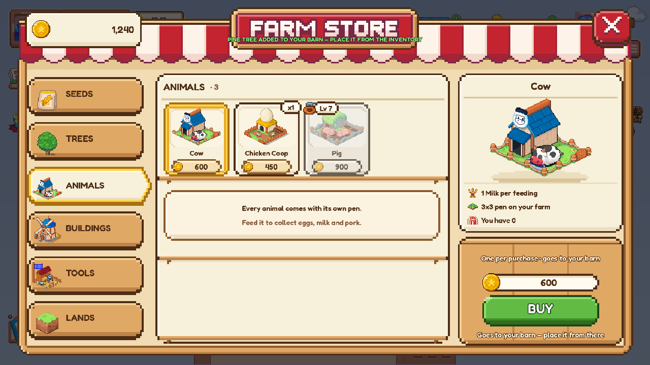 The Farm Store's Animals tab: Cow, Chicken Coop and Pig, with the cow's pen shown on the right