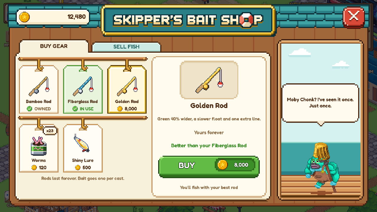 Skipper's Bait Shop on BUY GEAR: Bamboo, Fiberglass and Golden rods, Worms and Shiny Lure, with Skipper at the window