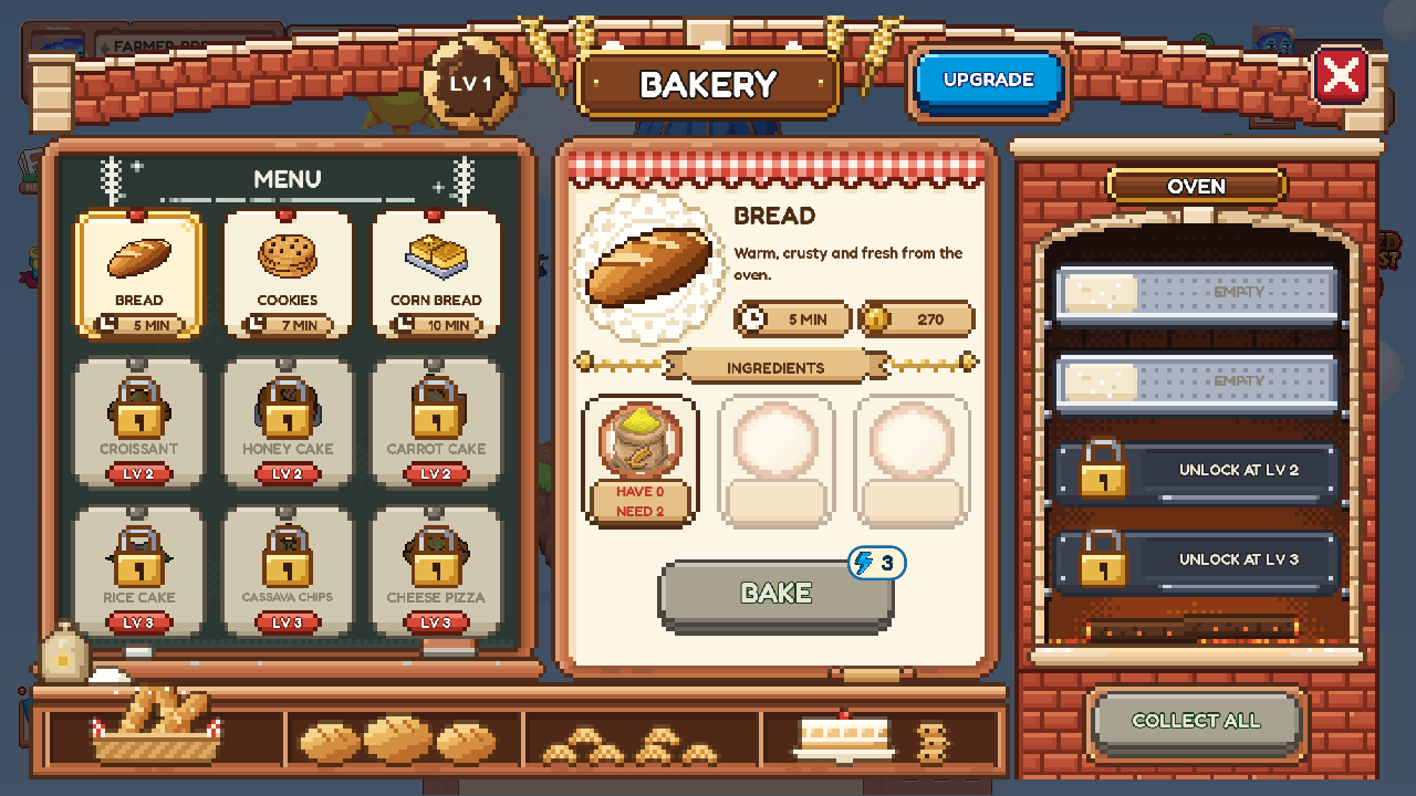 The Bakery window: the menu of nine goods, Bread selected with its ingredients, the BAKE button and the oven