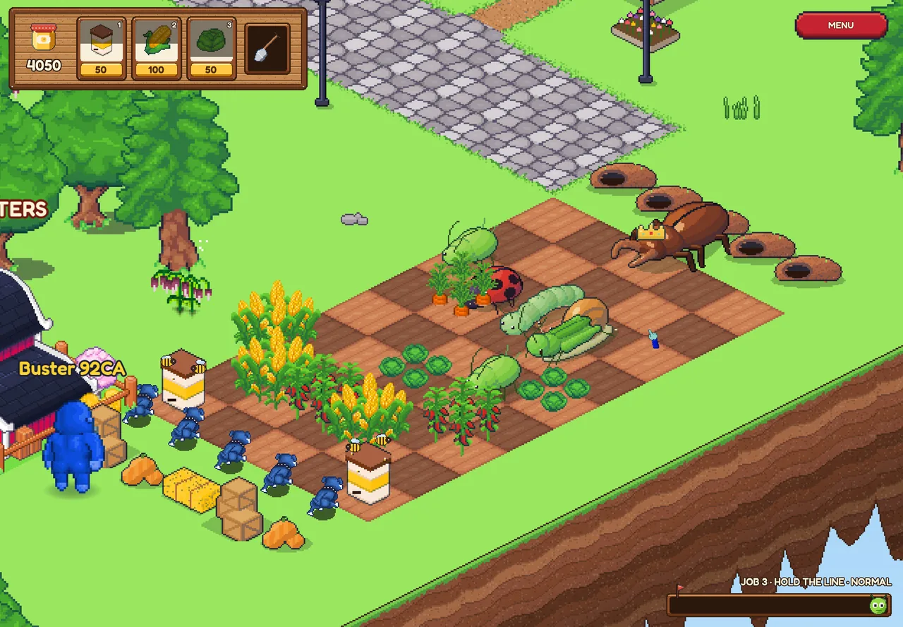 Bug Busters on the lawn by the Bug Barn: crops, beehives and Dogke guards holding off caterpillars, a ladybug and the Stag King