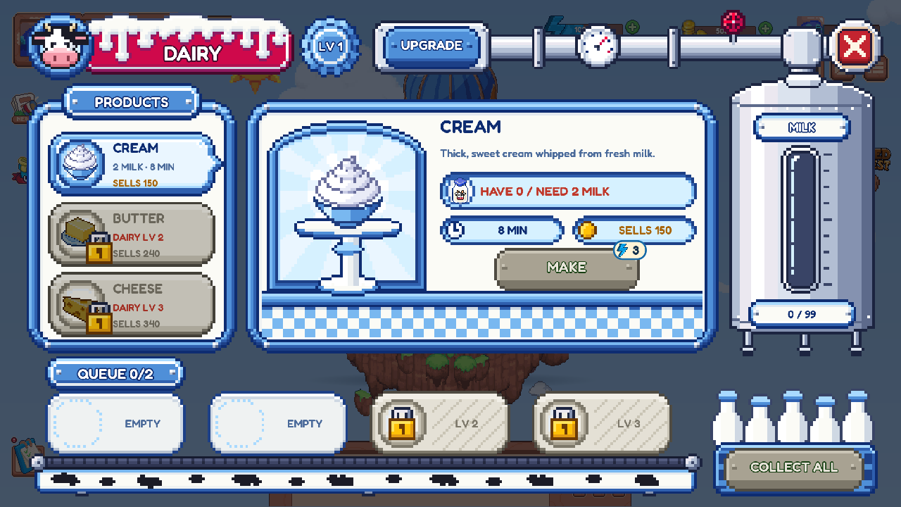 The Dairy window: products on the left, Cream selected (2 milk, 8 minutes), the MAKE button with its energy cost and the milk tank