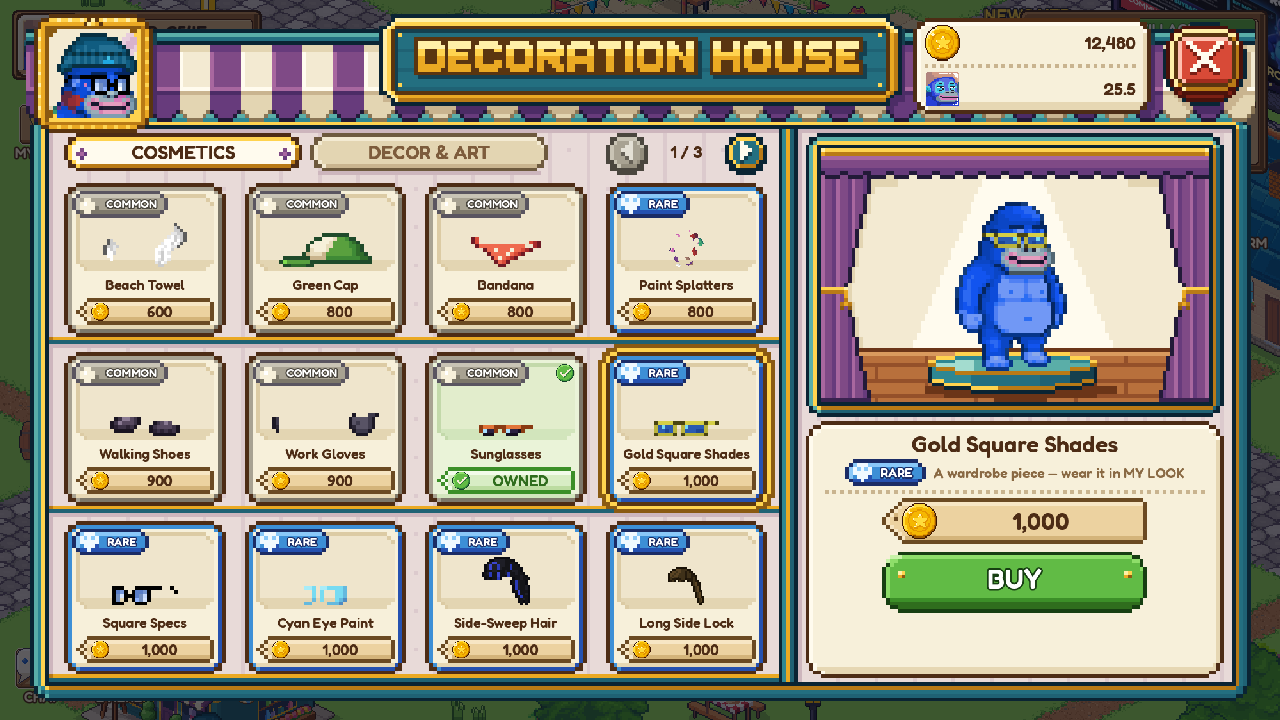 The Decoration House on COSMETICS: twelve cosmetics with rarity tags and prices, and Ronke trying on Gold Square Shades