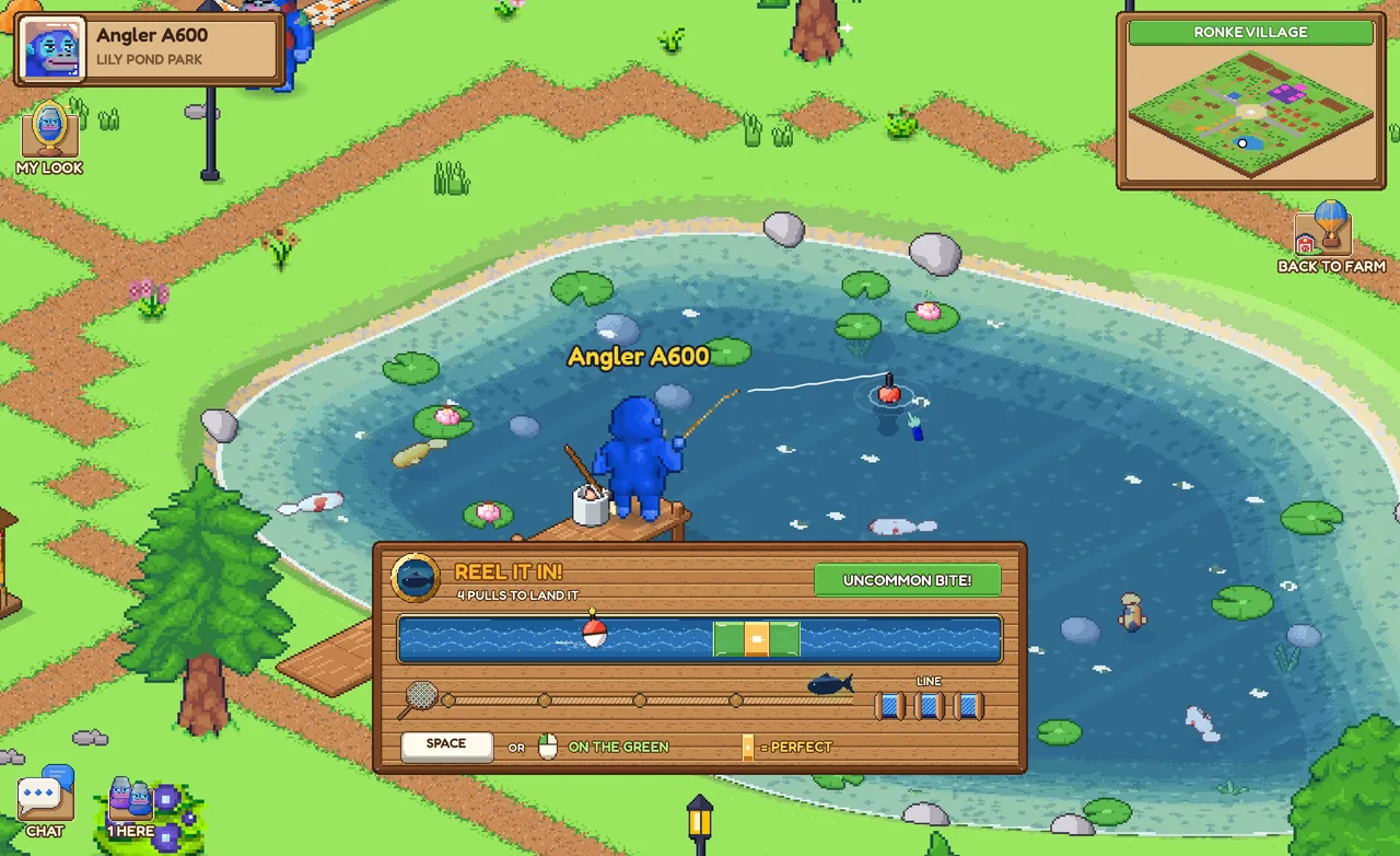 Fishing at the pond: the reel bar with green zones while a fish fights on the line