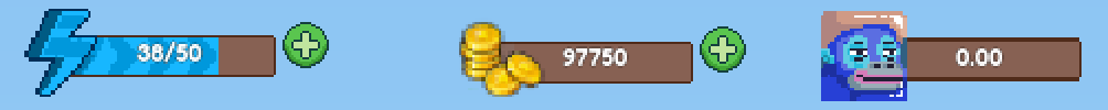 The top of the screen: the energy bar, the gold counter and the RONKE counter