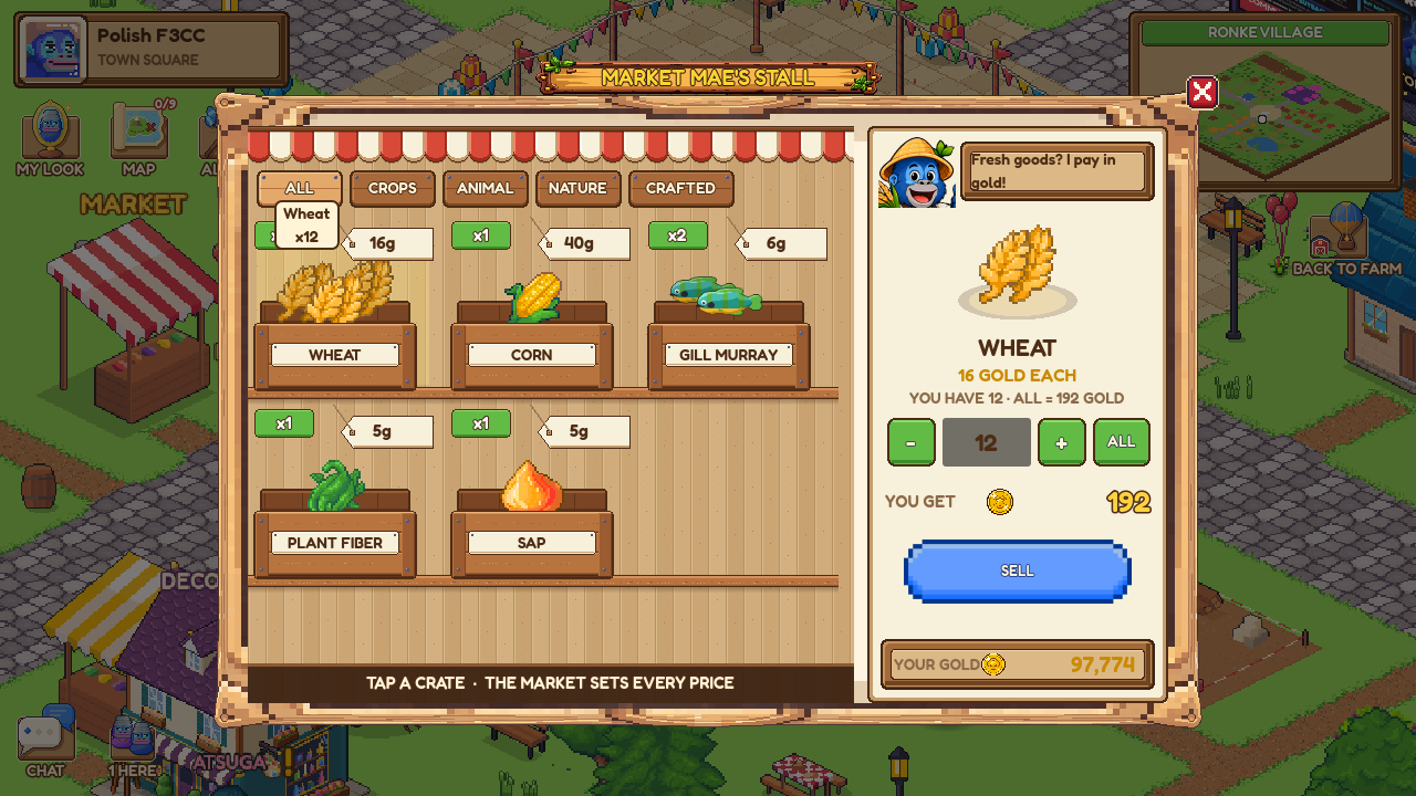 Market Mae's Stall: crates of wheat, corn, fish, plant fiber and sap, with Wheat selected, 12 in the counter and the gold you get