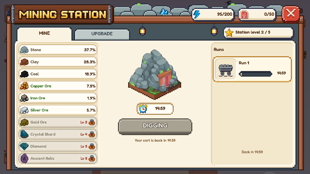The Mining Station window: every mineral with its chance, the station digging with a timer, and the run queue