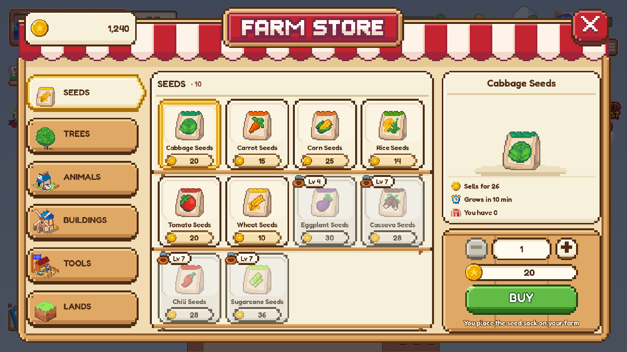 The Farm Store on the Seeds tab: ten seed packets, Cabbage Seeds selected, a quantity counter and a green BUY button