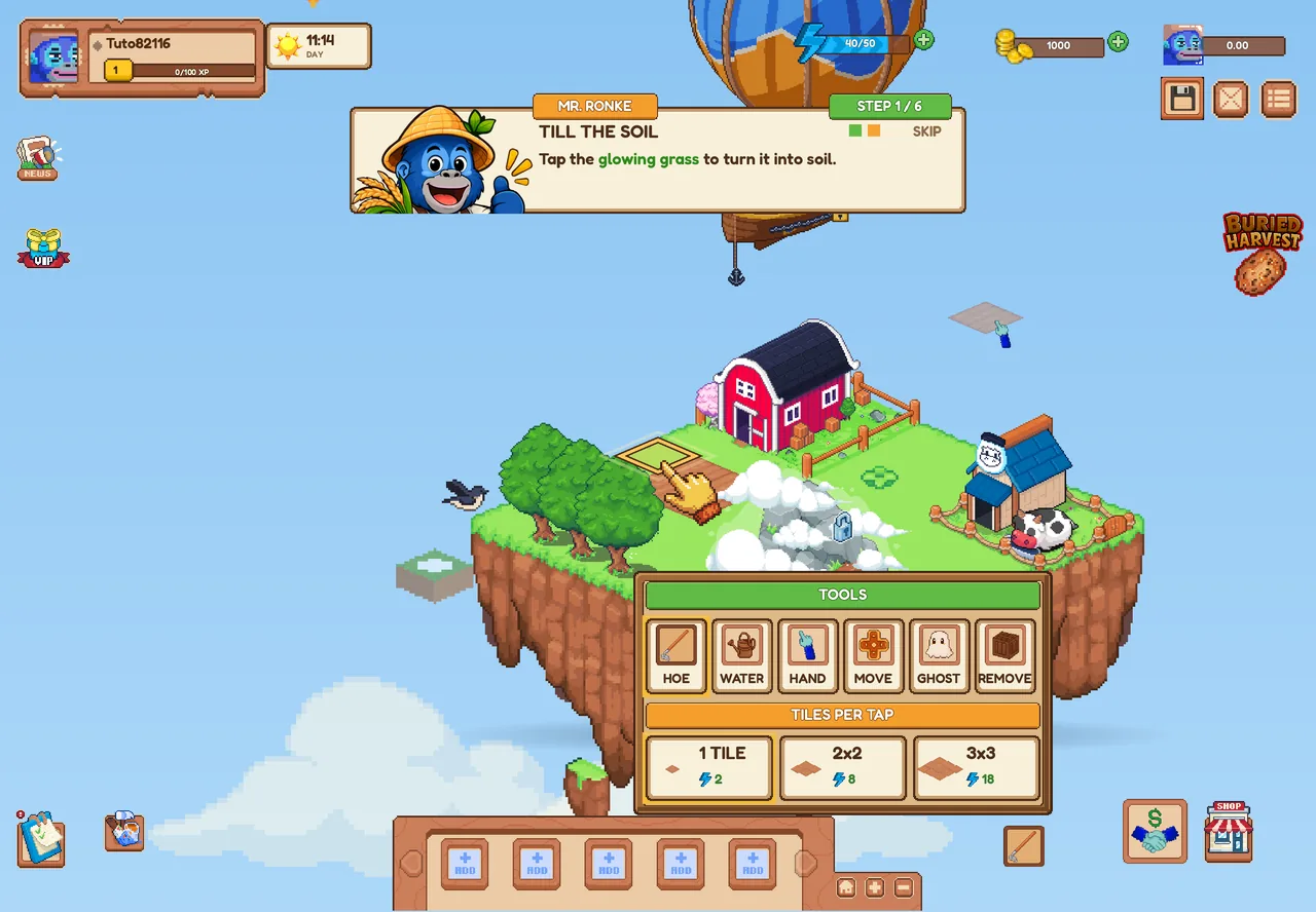 The farm with the tools panel open: Hoe, Water, Hand, Move, Ghost and Remove, and tiles per tap: 1 tile, 2x2 or 3x3 with their energy costs