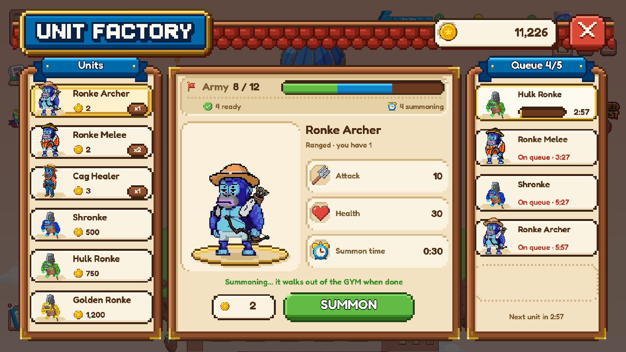The Unit Factory: the units list, Ronke Archer selected with attack, health and summon time, the army bar and the summoning queue