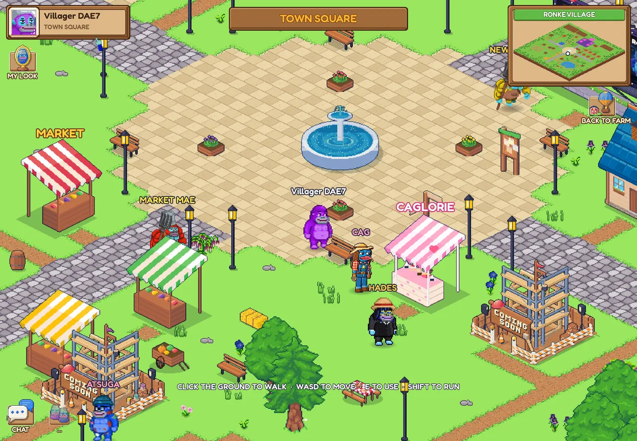 The town square: the fountain, market stalls, Market Mae, CAG and Hades, and the minimap