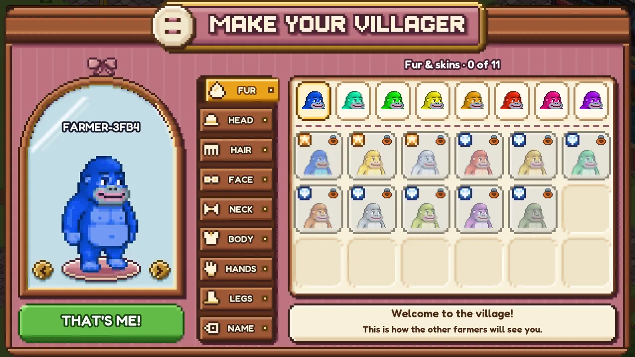 Design preview of the new MAKE YOUR VILLAGER window: Ronke in a mirror, nine drawers from FUR to NAME, and a grid of fur colours and skins