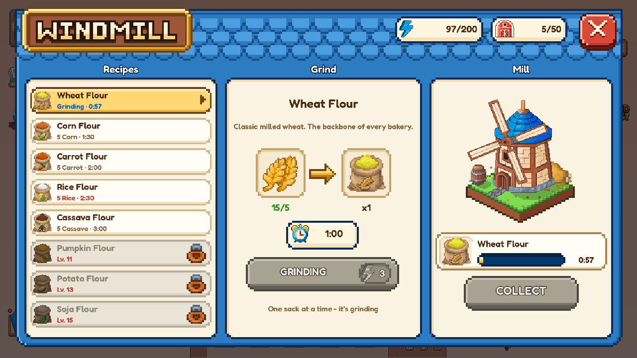 The Windmill window: the recipe list, Wheat Flour grinding with a timer, and the windmill