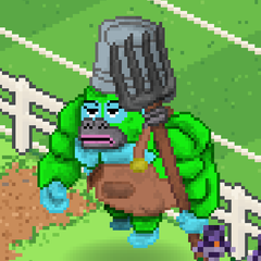 Jockey Jo, a green villager with a bucket hat and a pitchfork