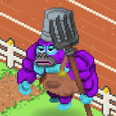 Trainer Tess, a purple villager with a bucket hat and a pitchfork