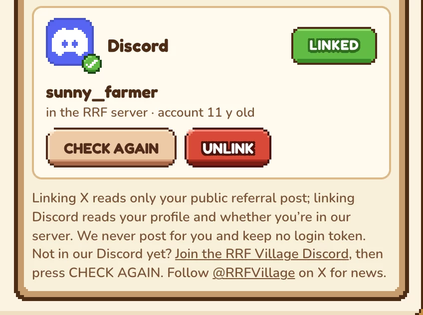 The Discord card on the profile: LINKED, the Discord name, in the RRF server, and the CHECK AGAIN and UNLINK buttons