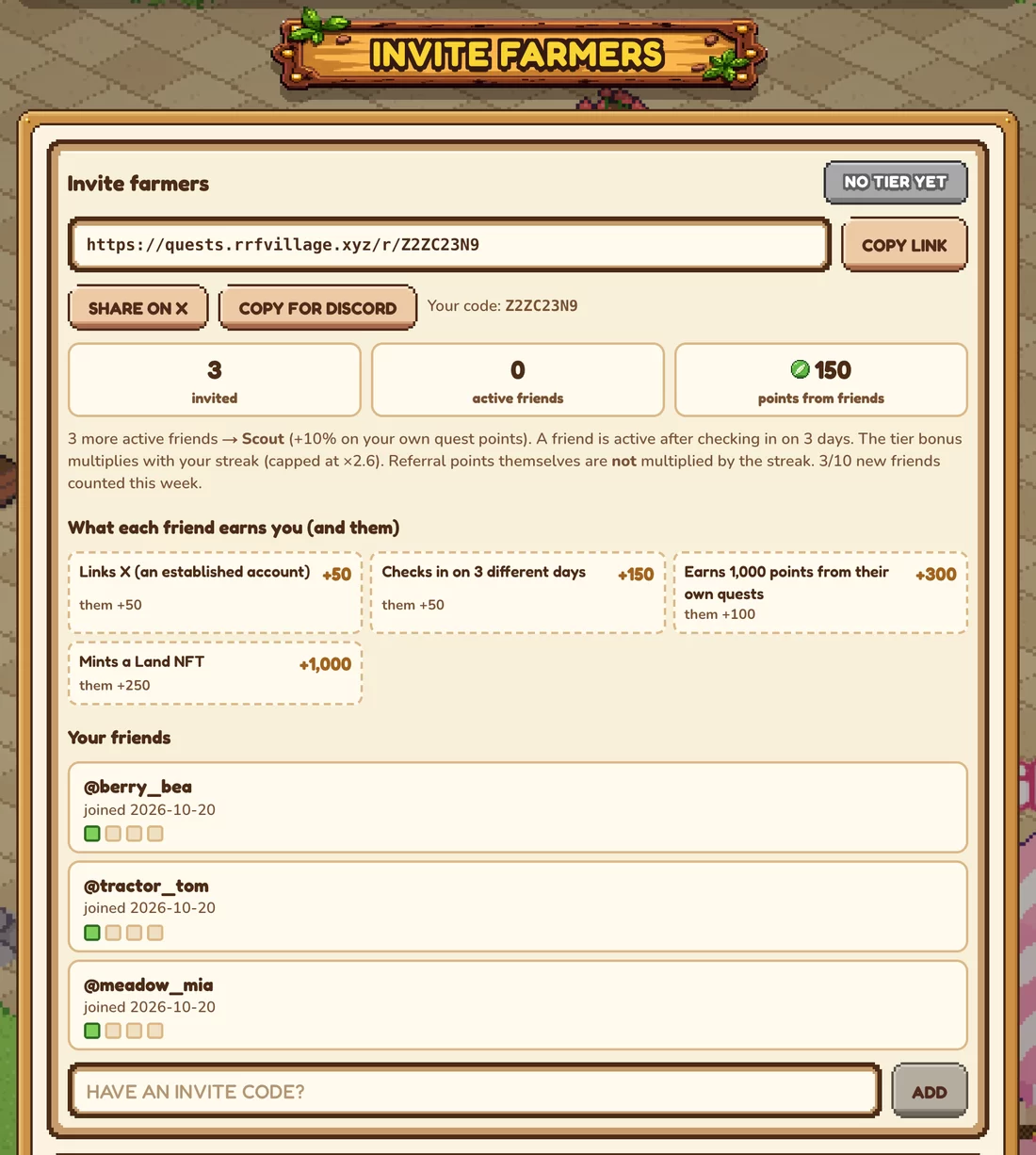 INVITE FARMERS on the profile: the quests.rrfvillage.xyz invite link with COPY LINK, SHARE ON X and COPY FOR DISCORD, your code, 3 invited, 0 active friends, 150 points from friends, what each friend earns you and them, and three friends who each linked X