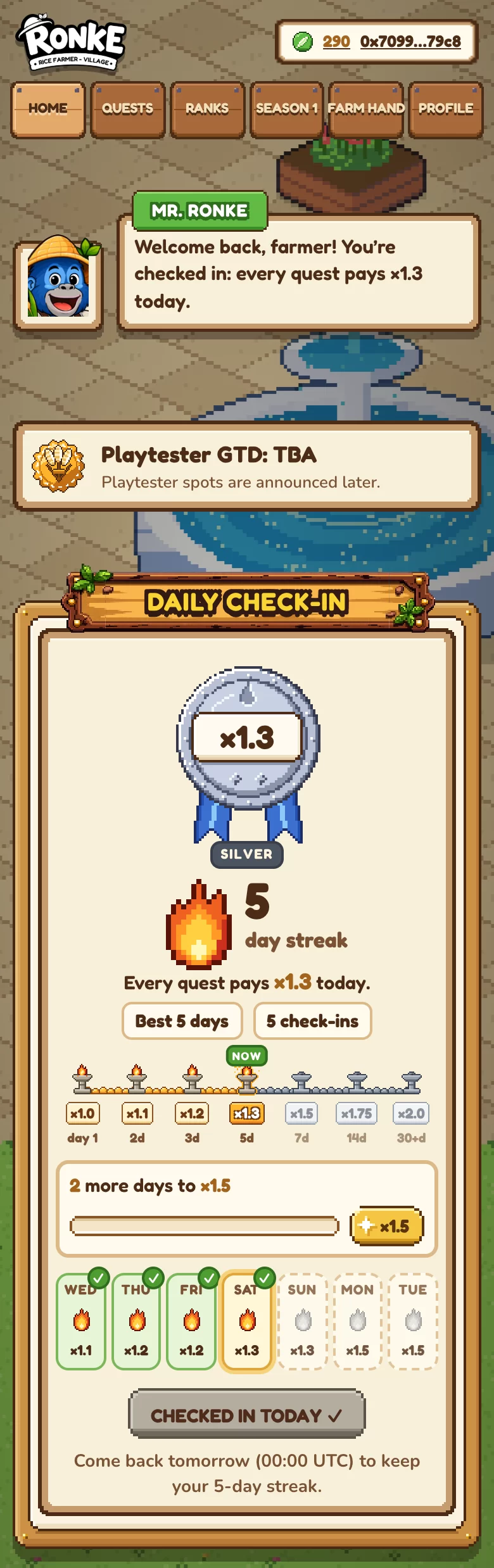 The quest site on a phone: the tabs, Mr. Ronke's welcome and the DAILY CHECK-IN window with the x1.3 medal, a 5-day streak, the multiplier ladder and the week
