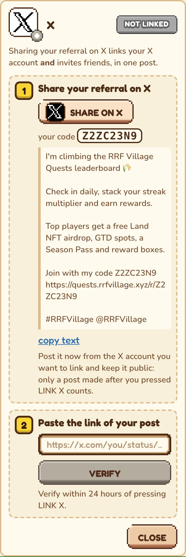 Linking X on a phone: step 1 SHARE ON X with your code and the post, step 2 paste the link and VERIFY