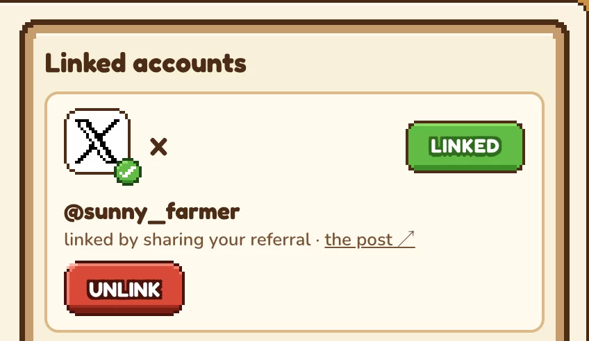 Linked accounts on the profile after VERIFY: the X card shows LINKED, the handle, linked by sharing your referral, a link to the post and an UNLINK button