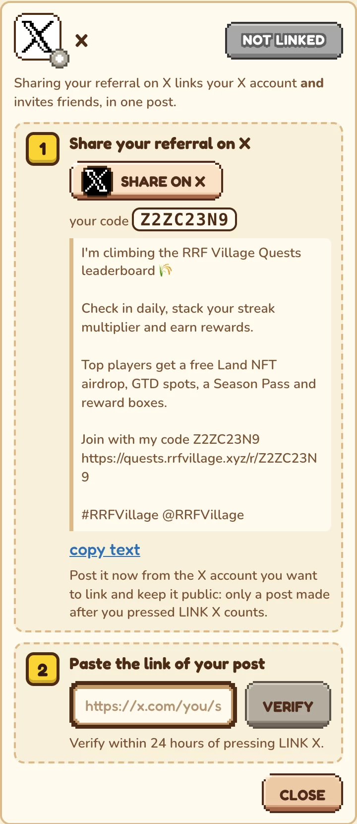 The X card on the profile after pressing LINK X: step 1 Share your referral on X with the SHARE ON X button, your code and the post with its quests.rrfvillage.xyz invite link; step 2 Paste the link of your post with the VERIFY button, to verify within 24 hours of pressing LINK X