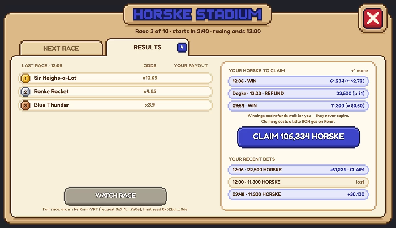 The RESULTS tab with YOUR HORSKE TO CLAIM and one CLAIM 106,334 HORSKE button