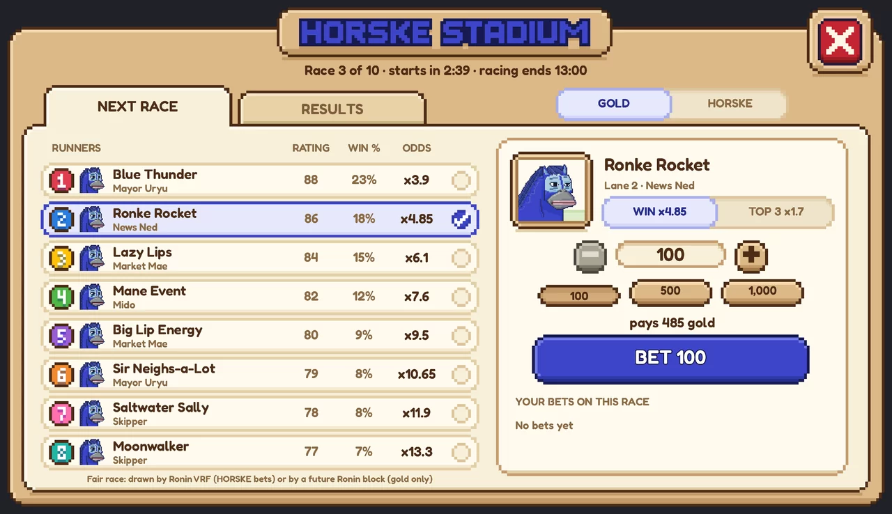 The same race on GOLD: the runners with their fixed odds, Ronke Rocket selected at x4.85, a 100 gold stake that pays 485 gold