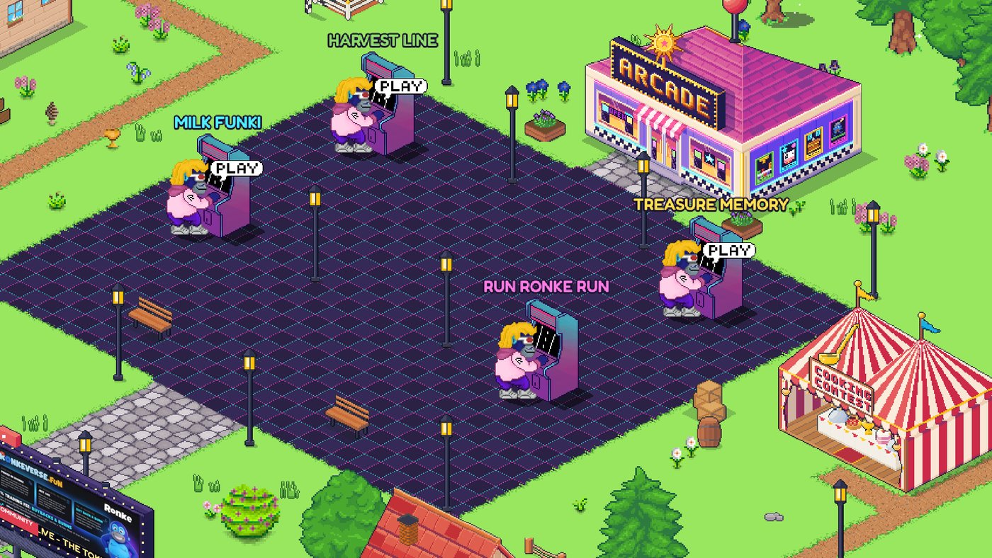 The arcade plaza: Harvest Line, Milk Funki, Treasure Memory and Run Ronke Run cabinets next to the Arcade hall