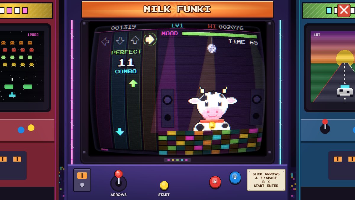 Milk Funki running on a cabinet's screen: arrows falling, PERFECT, an 11 combo and a dancing cow