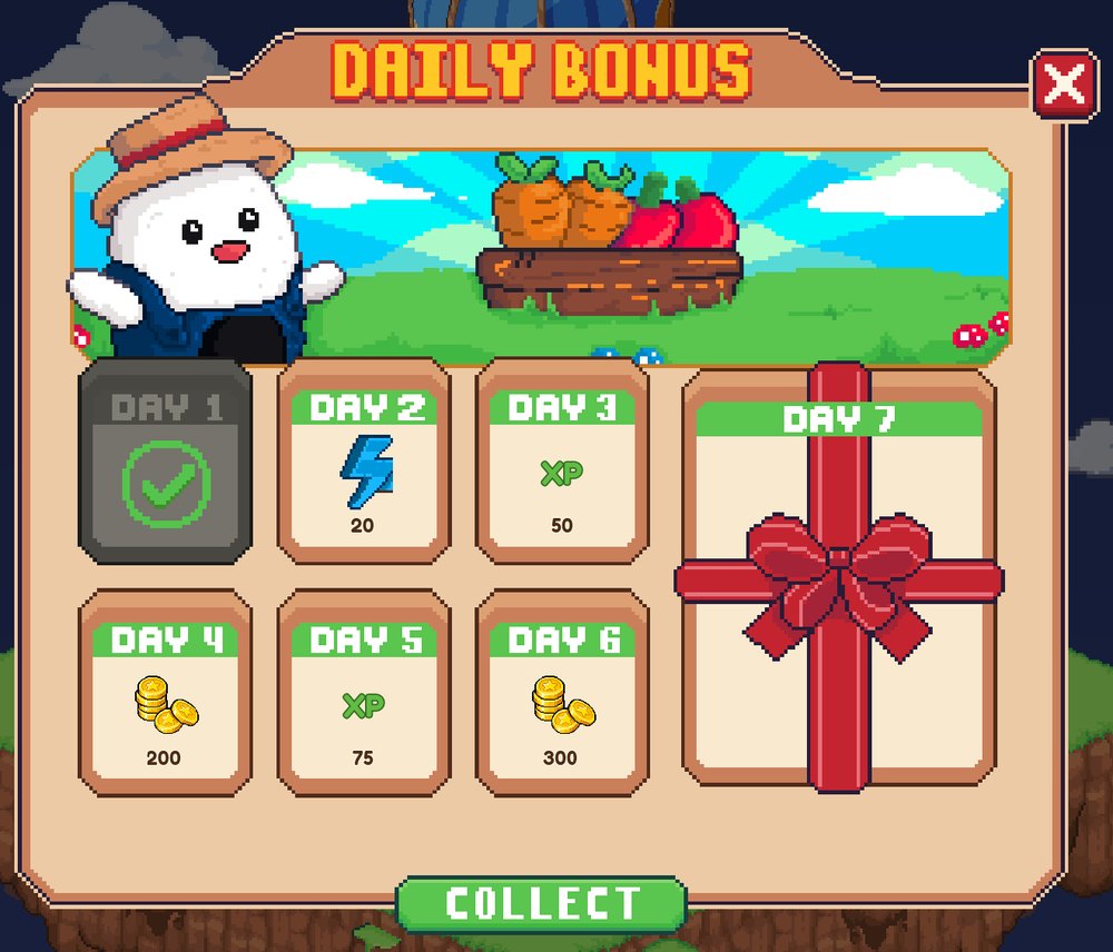 The Daily Bonus window: day 1 collected with a green check, days 2 to 6 with their rewards, and the day 7 gift