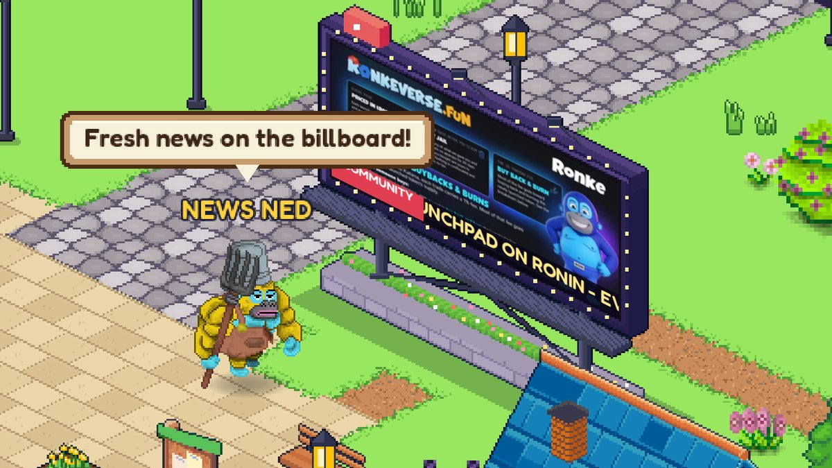 News Ned beside the village billboard, saying: Fresh news on the billboard!