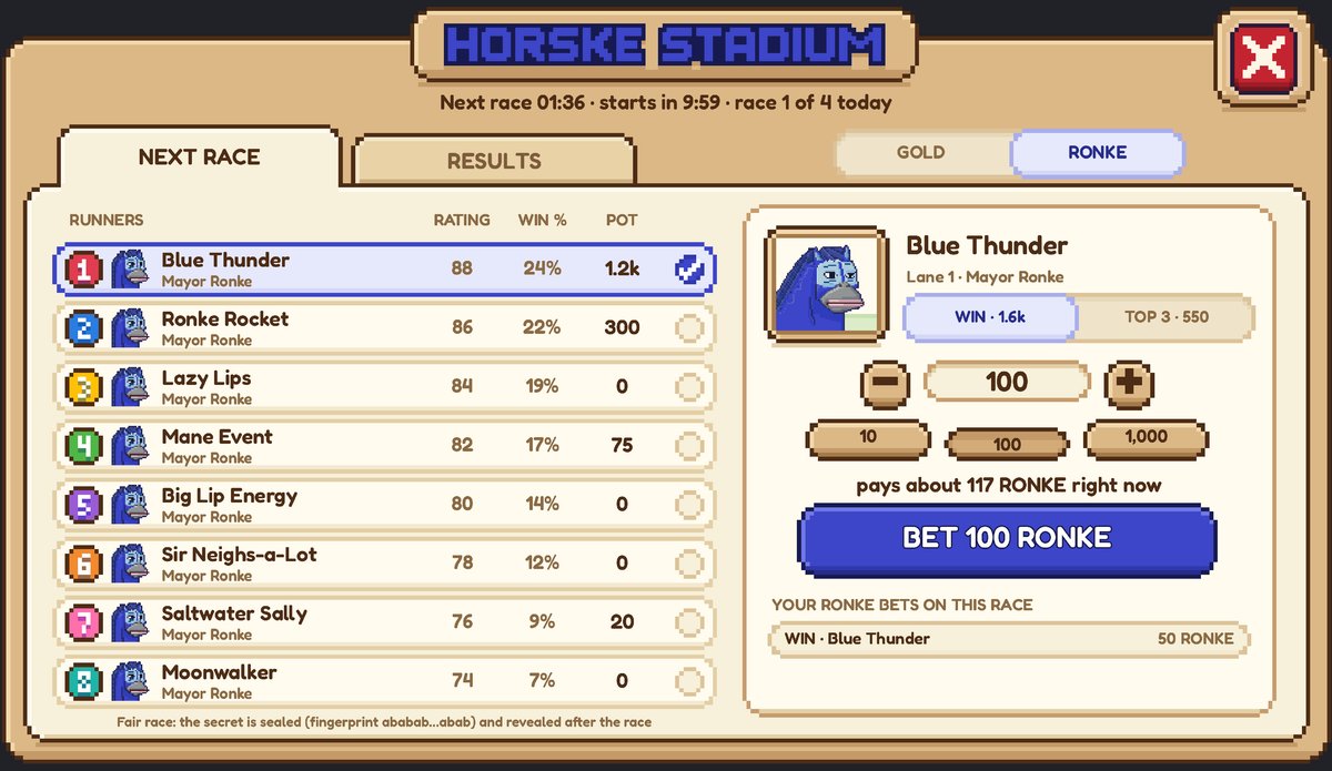 The stadium window on RONKE: the pot on each runner, the stake picker, what the bet would pay and the BET button