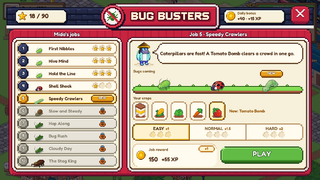 Job 5, Speedy Crawlers, with EASY selected and its reward