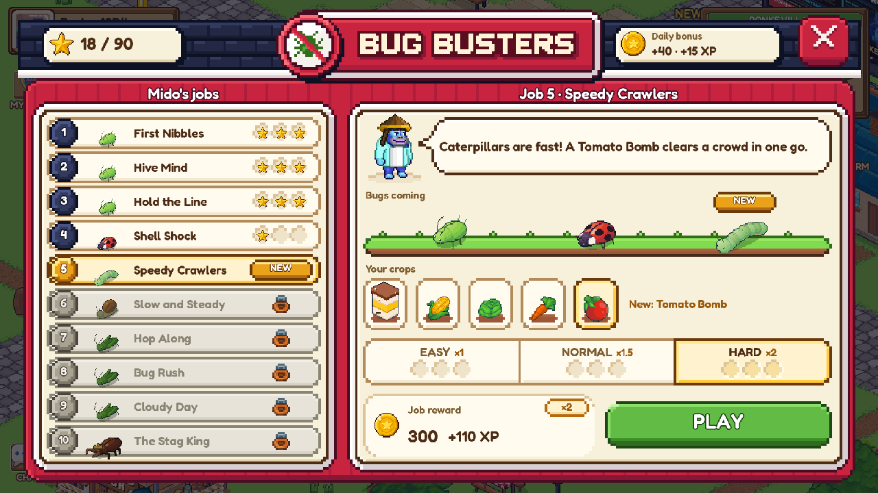The new Bug Busters job board: Mido's ten jobs, the bugs coming, your crops and the EASY, NORMAL and HARD picker