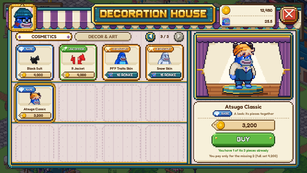 The Atsuga Classic bundle in the Decoration House: you have 1 of its 3 pieces already, so you pay only for the missing 2