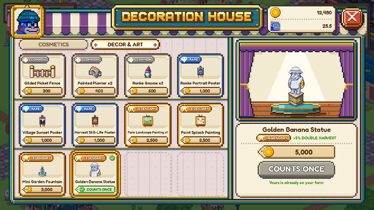 The Golden Banana Statue on the DECOR & ART shelf: legendary, +5% double harvest
