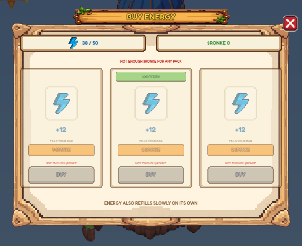 The Buy Energy window: every pack shows +12, just what fits in the bar, at a lower price