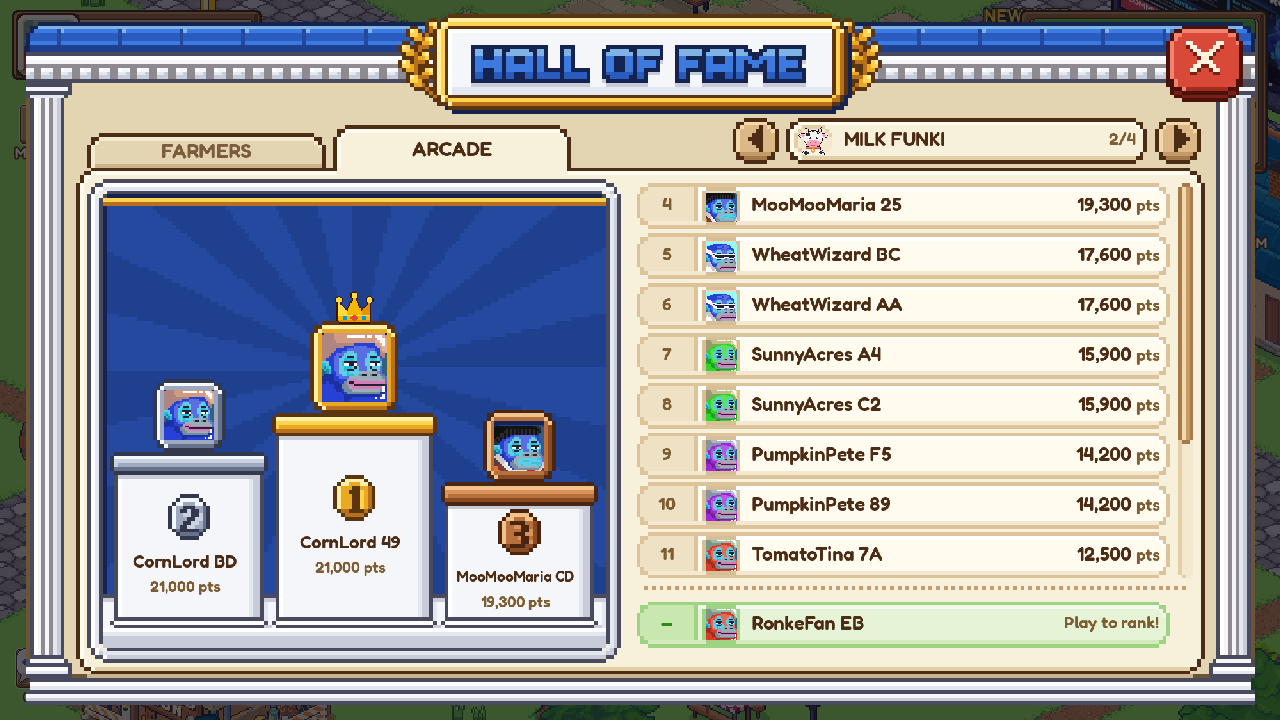 The new Hall of Fame on ARCADE: the Milk Funki podium and high scores