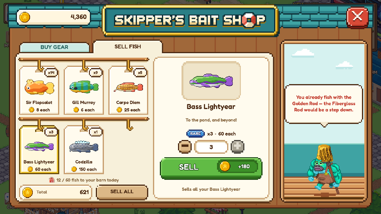 The new Skipper's Bait Shop on SELL FISH, with your catch on hooks, the total and SELL ALL