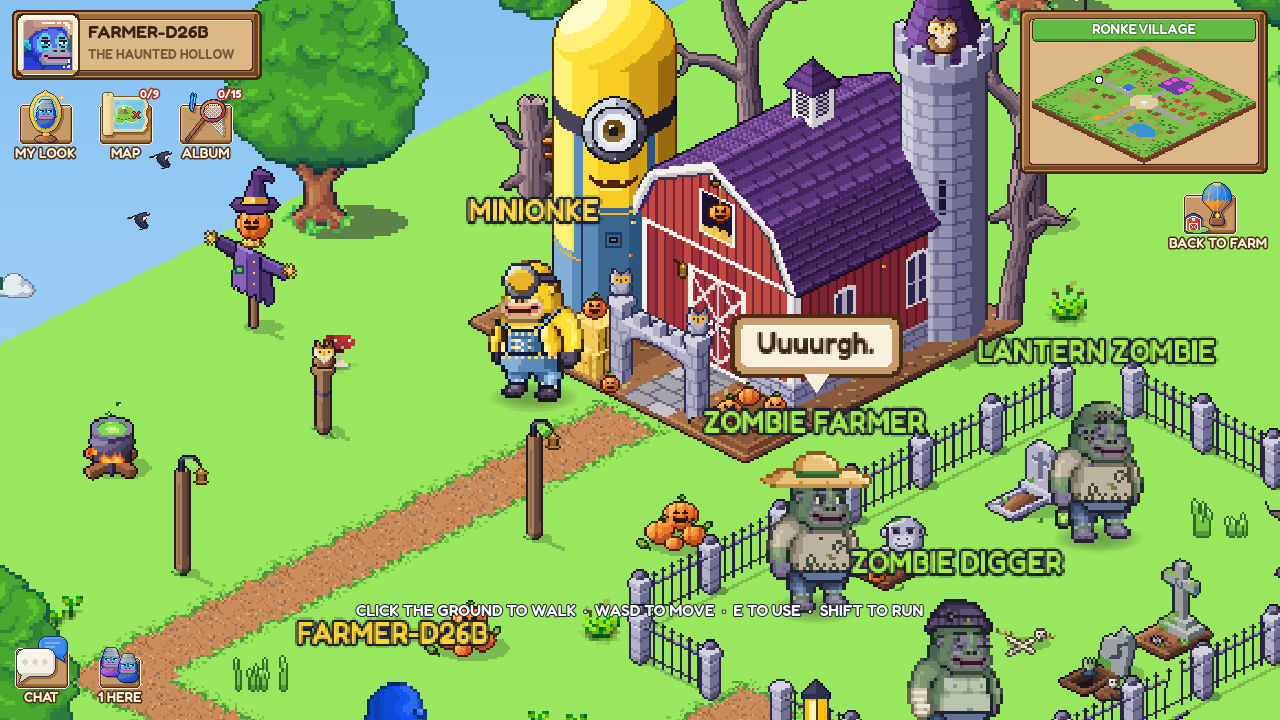 A first look at Minionke's castle once it opens: Minionke by the door, a scarecrow, and zombie Ronkes in the fenced graveyard