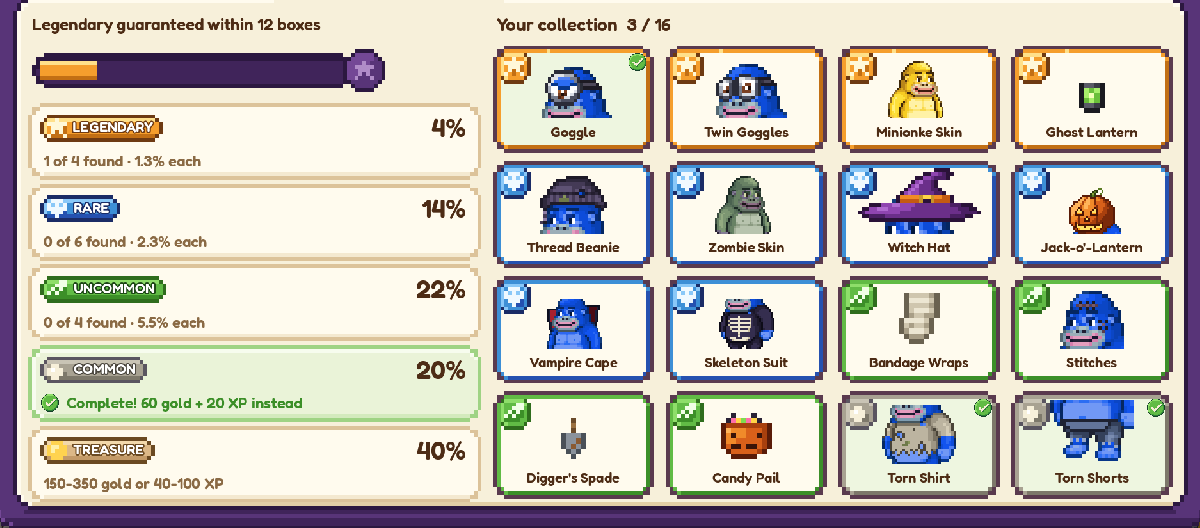 The PRIZES tab: the chance of each rarity and the sixteen Halloween pieces to collect