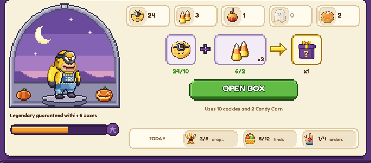 Minionke's window: your cookies and treats, the recipe for one mystery box and the OPEN BOX button