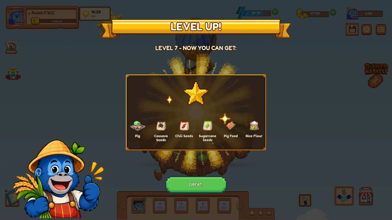 The LEVEL UP card: level 7, now you can get the pig, cassava seeds, chili seeds, sugarcane seeds, pig feed and rice flour