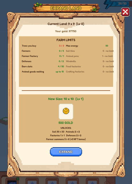 The Expand Land window with the FARM LIMITS list and what the next size unlocks