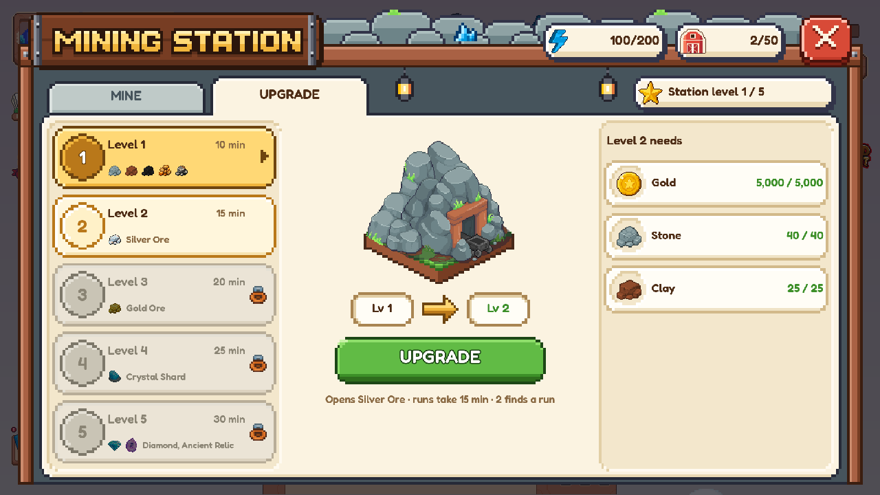 The new Mining Station on UPGRADE: the five station levels, what level 2 needs and the UPGRADE button