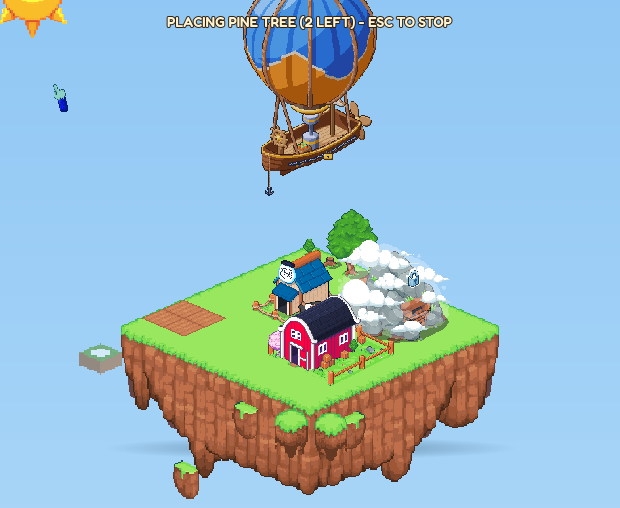 Placing a pine tree, with the message: placing pine tree, 2 left, Esc to stop