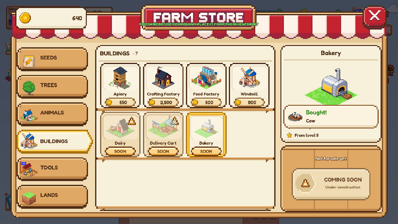 The new Farm Store on Buildings: Apiary, Crafting Factory, Feed Factory and Windmill, with the Dairy, Delivery Cart and Bakery marked SOON