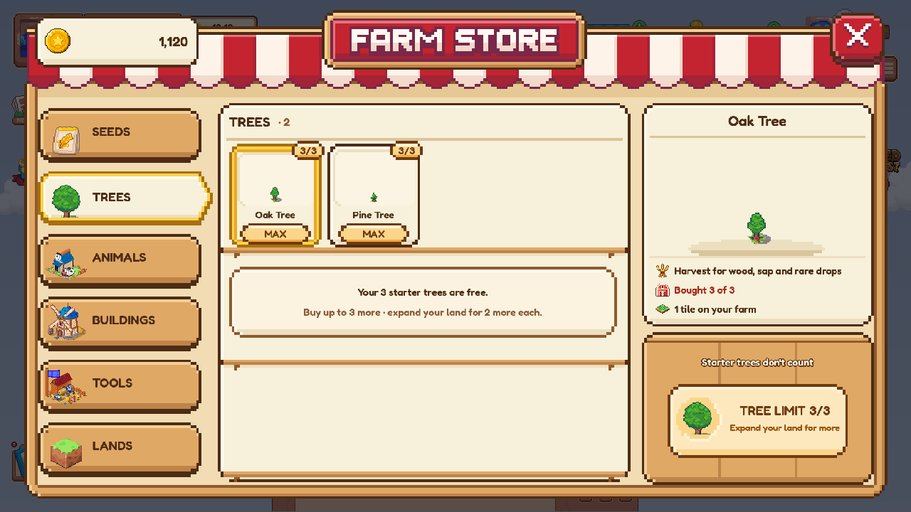 The Farm Store's Trees tab: your 3 starter trees are free, buy up to 3 more, tree limit 3/3