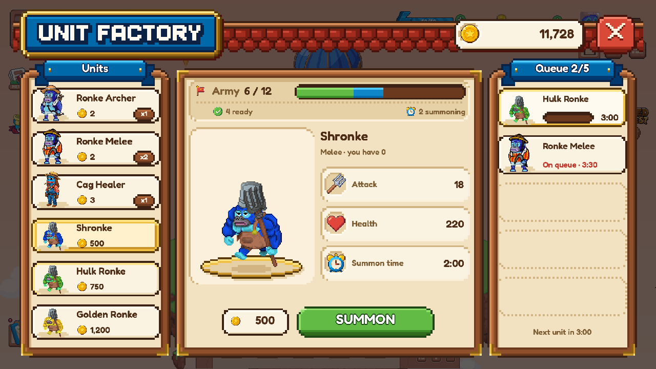 The new Unit Factory window with Shronke selected, its stats and the SUMMON button