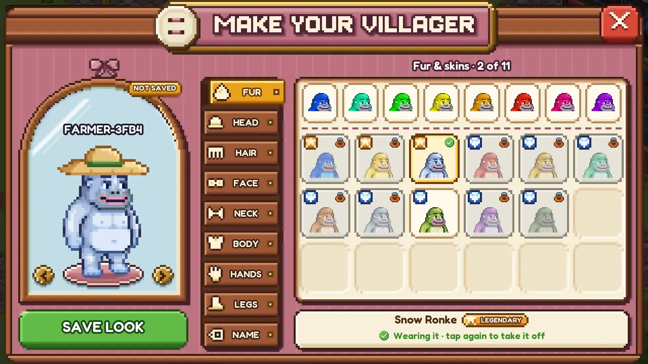 Design preview of the new MAKE YOUR VILLAGER window with the Snow Ronke skin and a straw hat, not saved yet