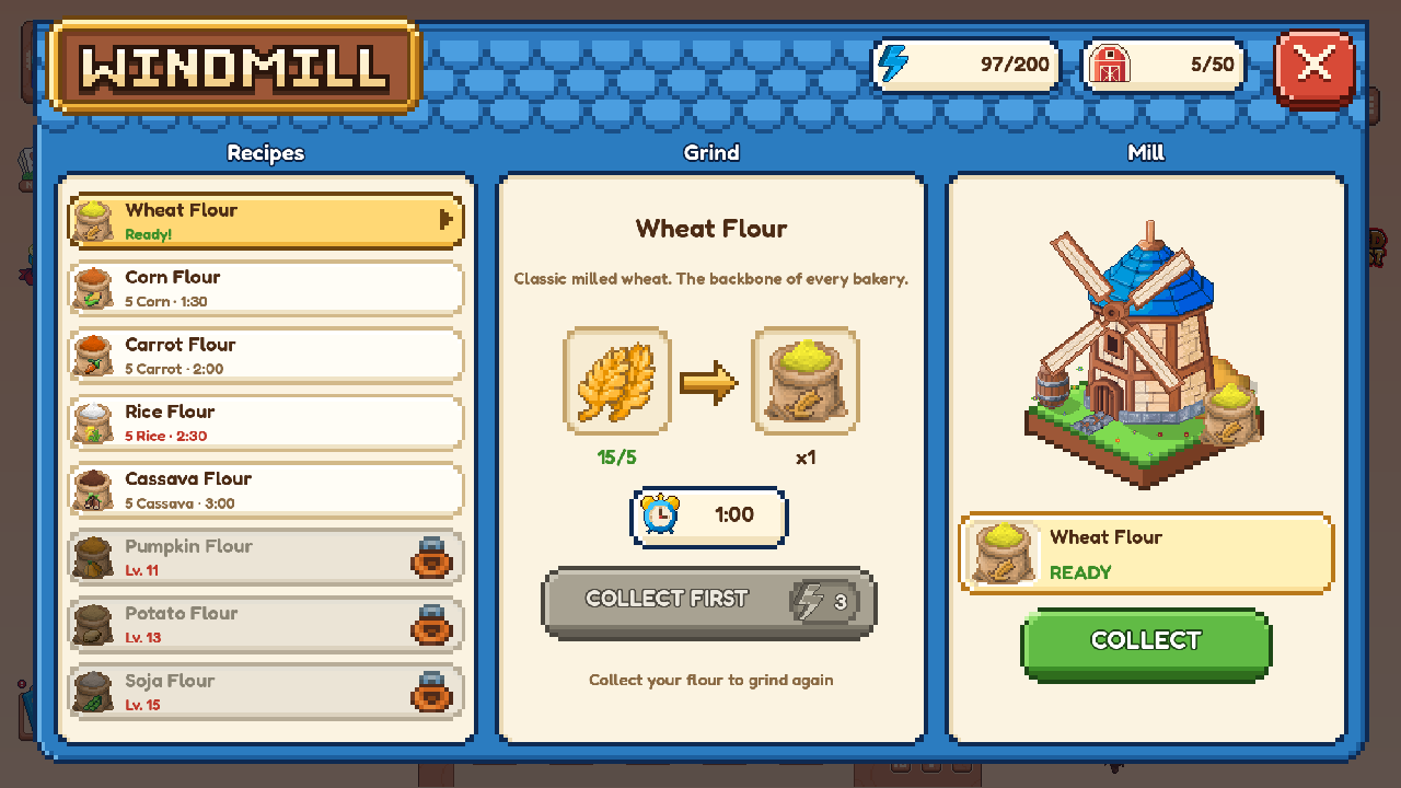 The new Windmill window with Wheat Flour ready and a green COLLECT button
